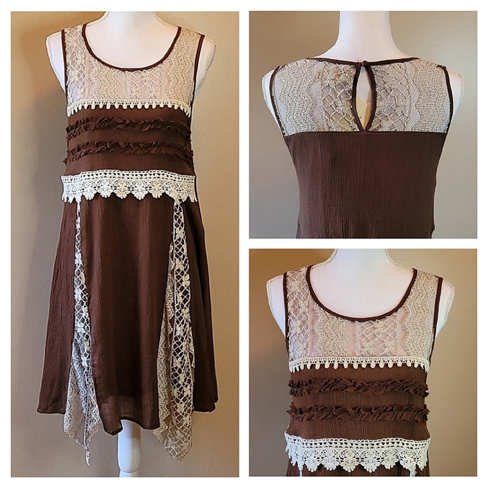 A'reve Sleeveless Brown Dress w/ Crochet Detailing Ruffles & Cream Lace